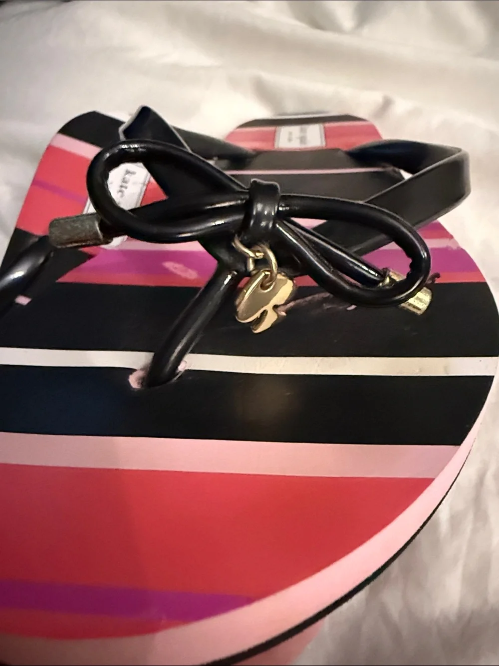 kate spade Black and Pink Striped Bow Flip Sandals